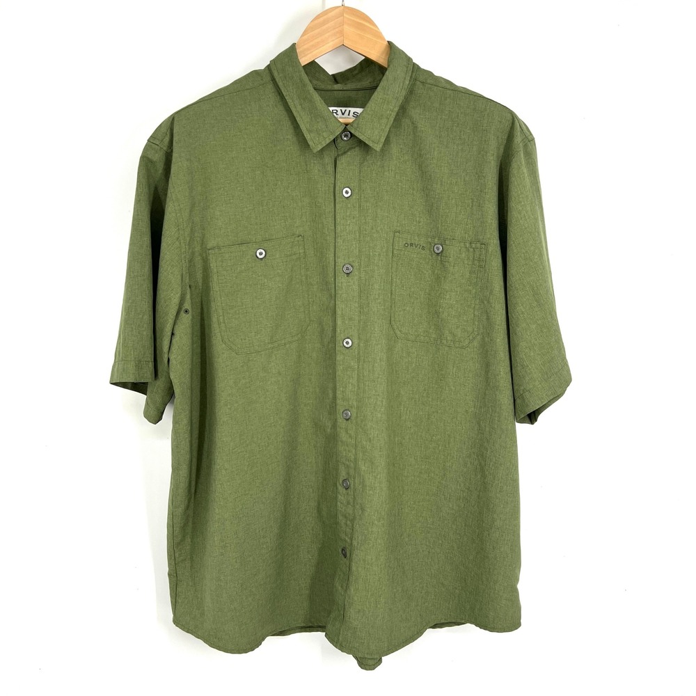Orvis Mens XXL Olive Green Short Sleeve Button Down Utility Fishing Shirt‎
